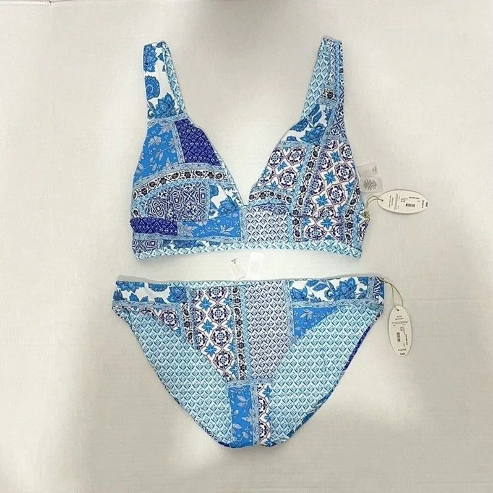 Mynah  NWT Sz L Blue Midkini  & Hipster Mid-Rise Bottom Reversible Swimsuit Set